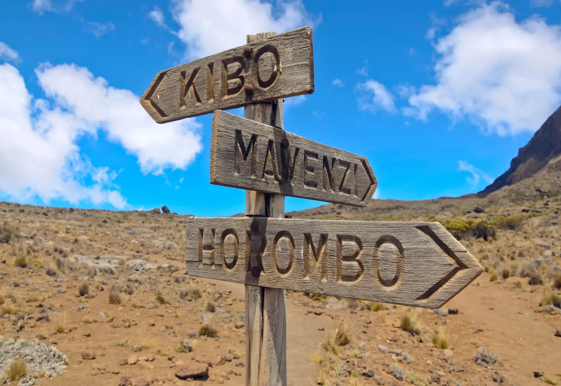 Kibo, Mavenzi and Horombo trail signs on Kilimanjaro